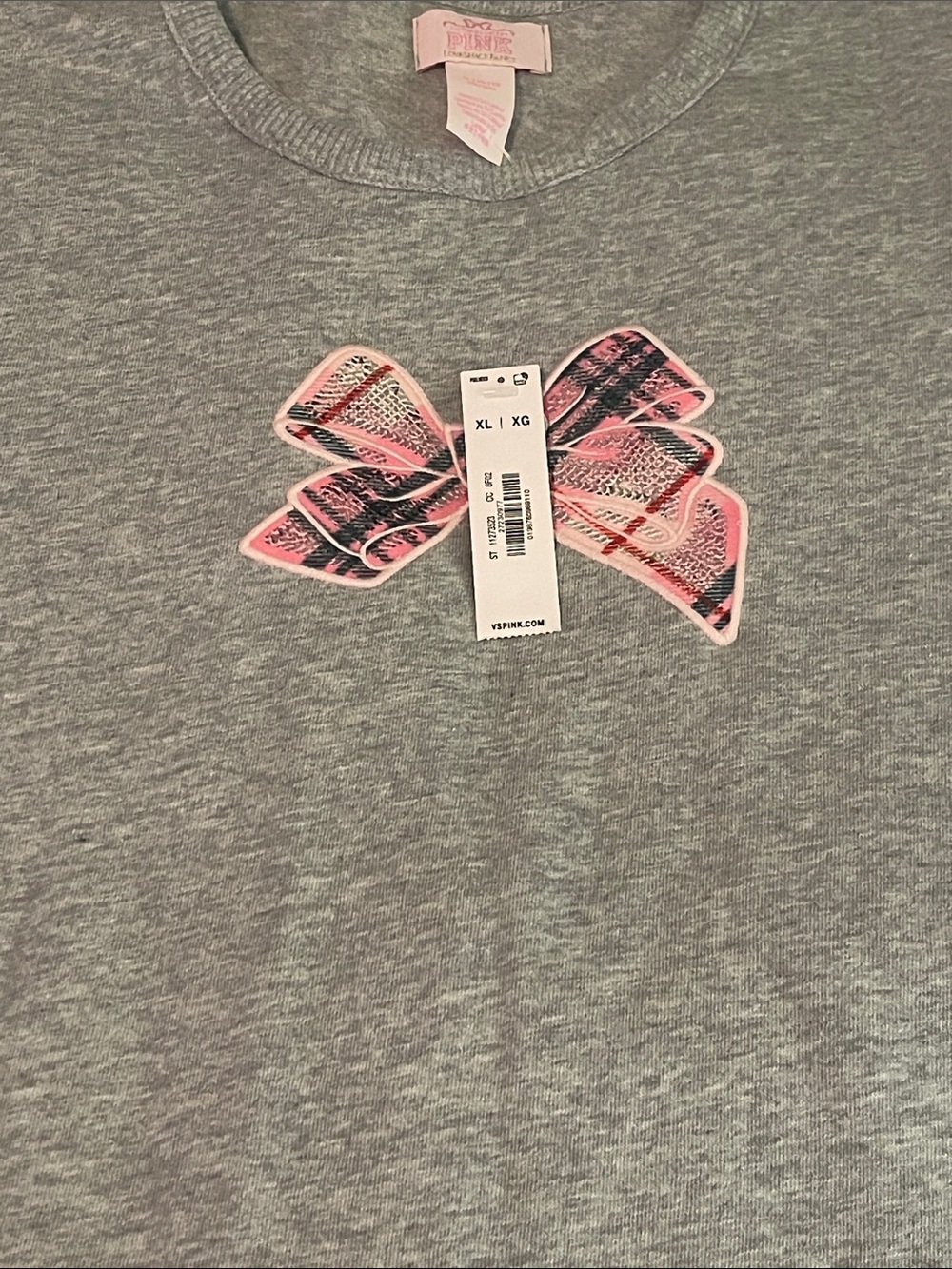 LoveShackFancy VS PINK Collab Gray Crop Top with Pink Bow Patch